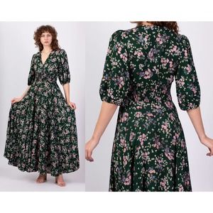 70s Green Floral Puff Sleeve Maxi Dress‎ - Small to Medium